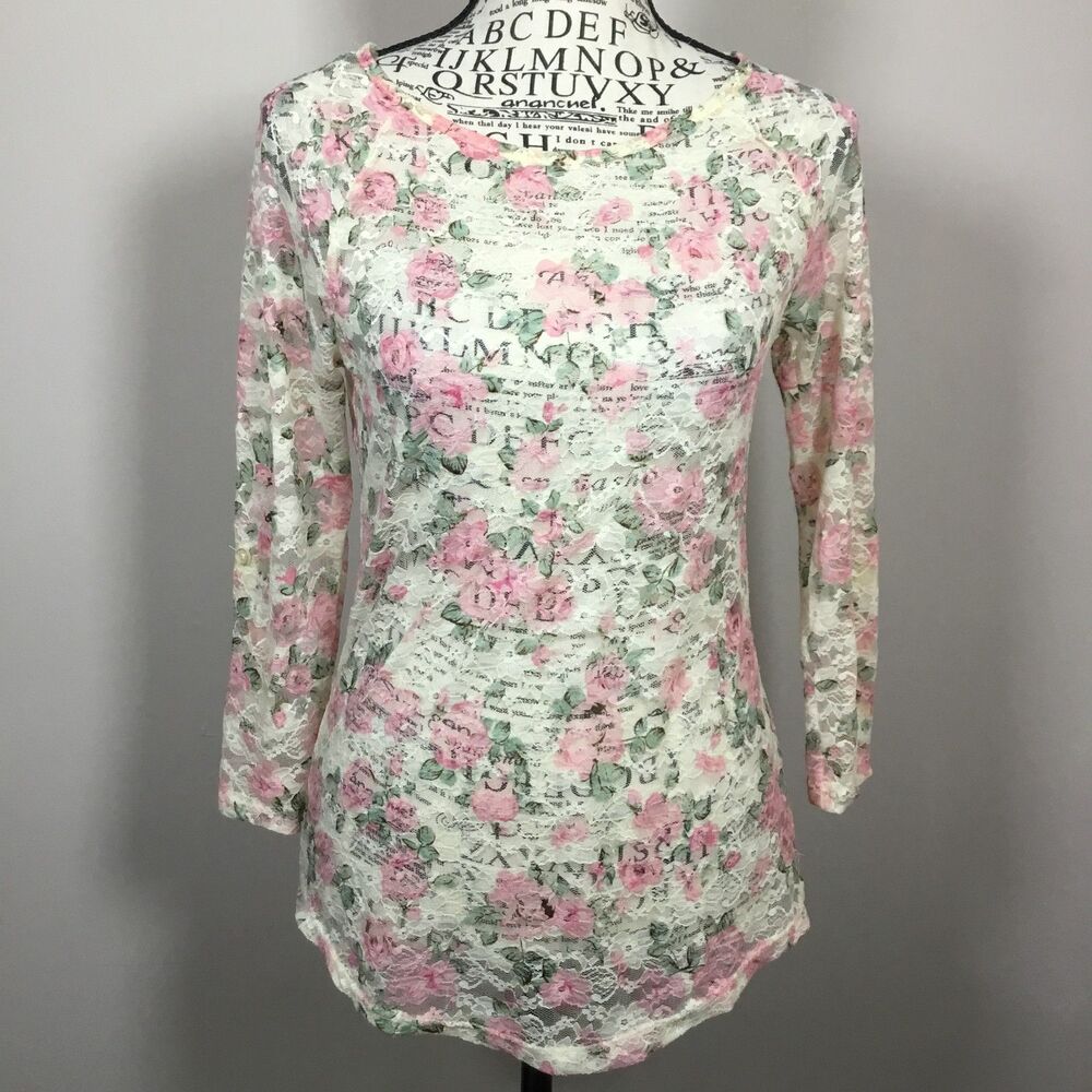 3/4 sleeve sheer lace scoop neck stretchy cream top pink roses chintz pattern S